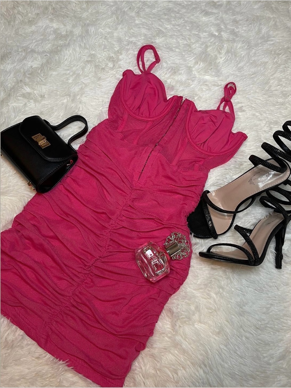 Fuchsia Ruched Mini Dress with Spaghetti Straps